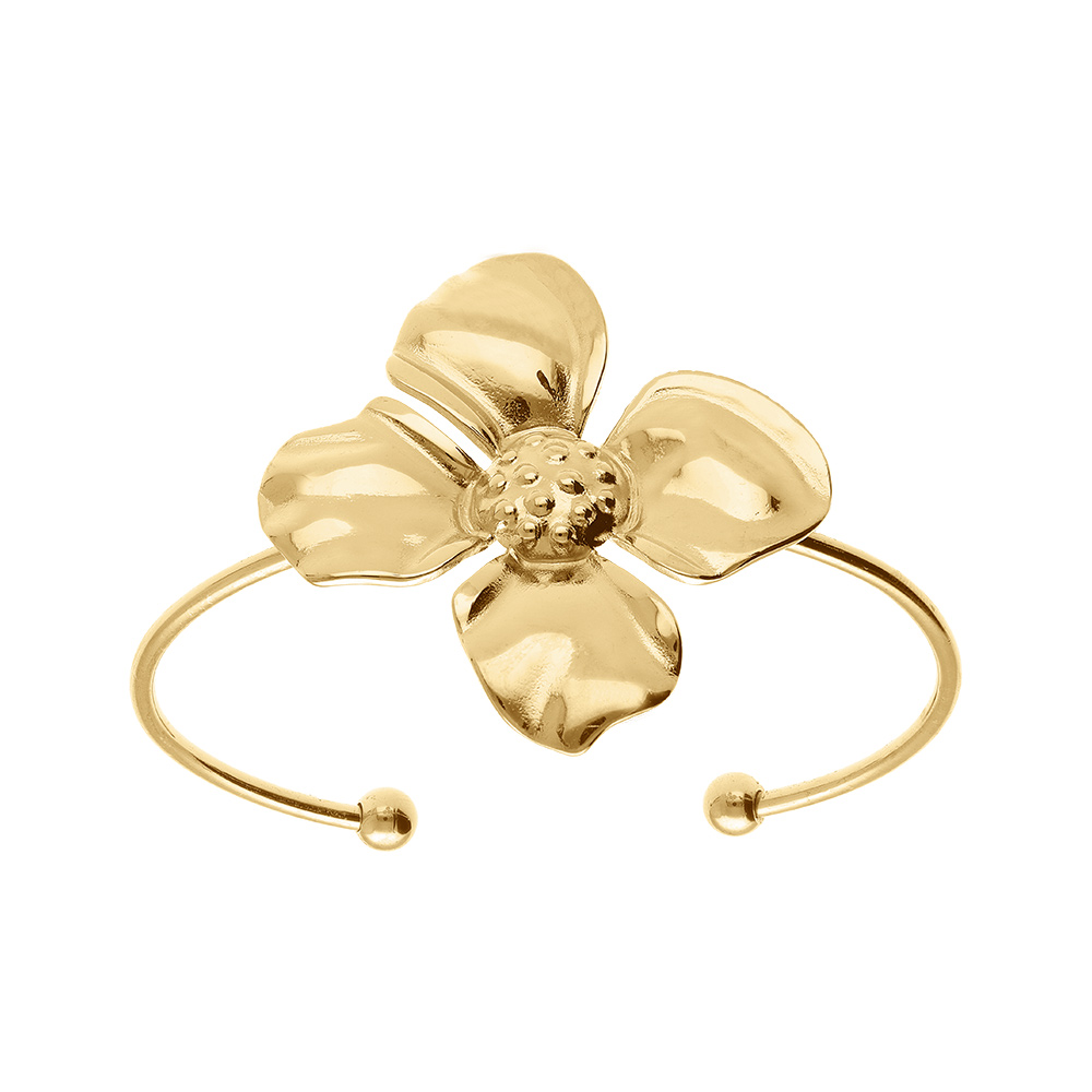 Bracelet ouvert rigide en acier doré jaune  motif fleur (37X37mm)