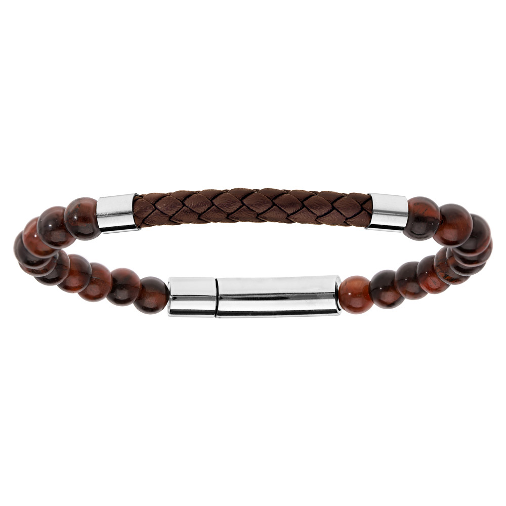 Bracelet en acier avec perles en Oeil de tigre et cuir marron tressé 20,5cm