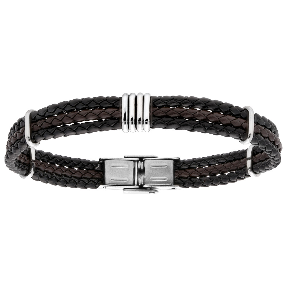 Bracelet en acier et tresse pu noir et marron 20cm réglable
