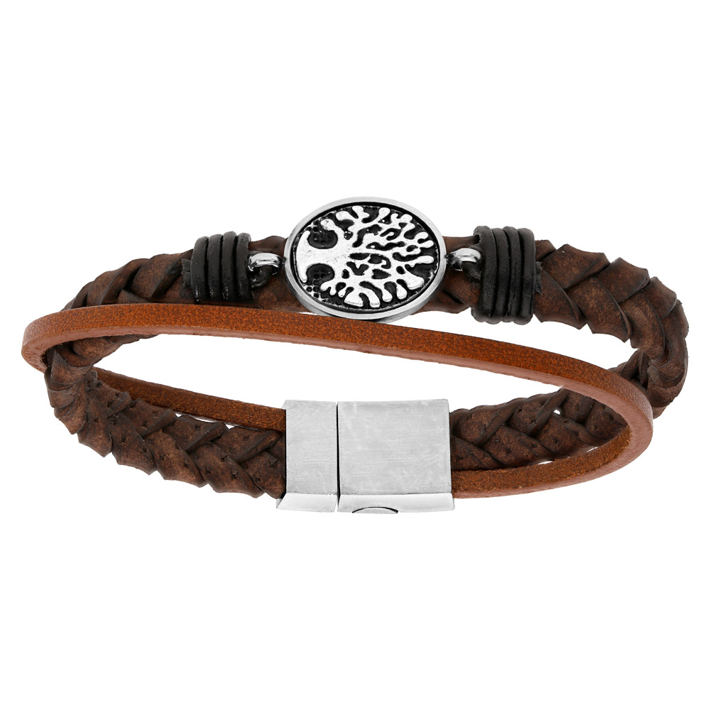 Bracelet en acier et cuir bovin tressé marron avec médaillon arbre de vie patinée - 22cm fermoir aimanté