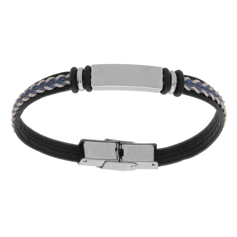 Bracelet junior en acier et cuir noir plaque identité à graver avec cordon bleu tressé 16cm réglable