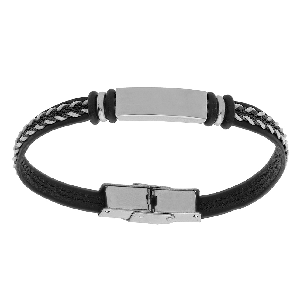 Bracelet junior en acier et cuir noir plaque identité à graver avec cordon blanc tressé 16cm réglable