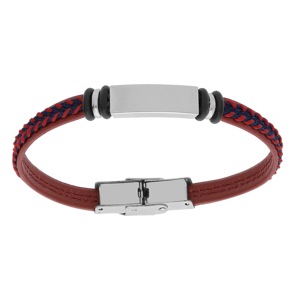 Bracelet junior en acier et cuir rouge plaque identité à graver 16cm réglable