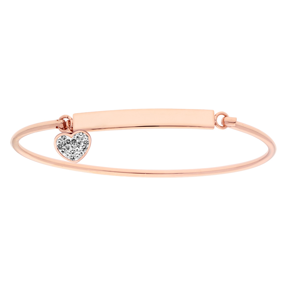 Bracelet en acier et PVD rose semi rigide plateau à graver avec pampille coeur avec oxydes blancs sertis