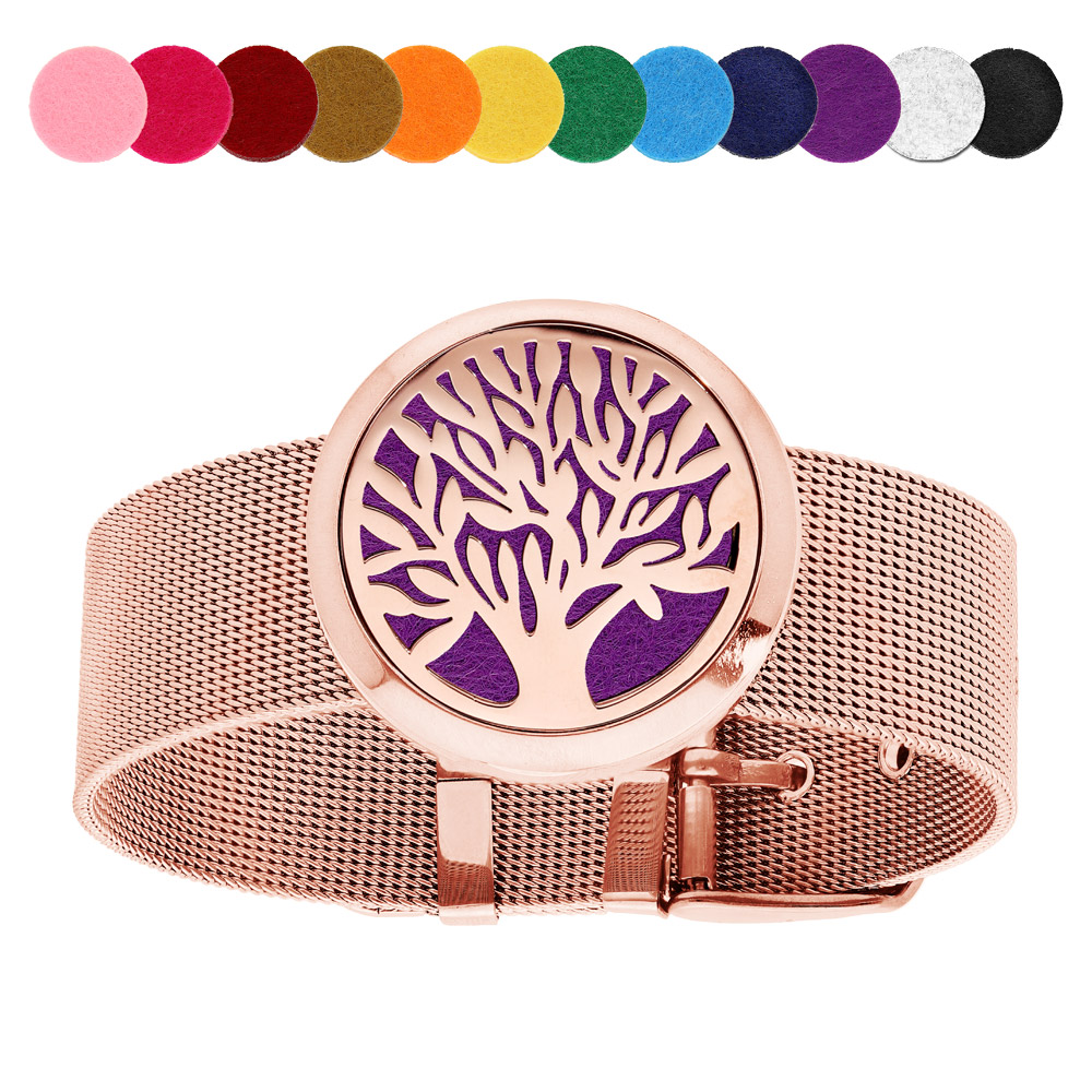 Bracelet maille milanaise PVD rose diffuseur de parfum médaillon arbre de vie - 21cm réglable