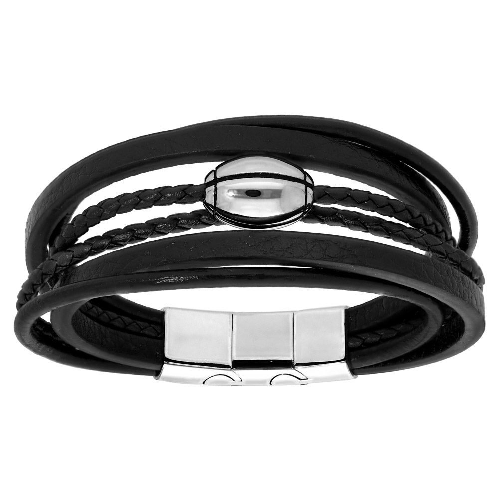 Bracelet en acier et cuir noir plusieurs bracelets et ballon de rugby à graver- double fermoir 21cm réglable 20