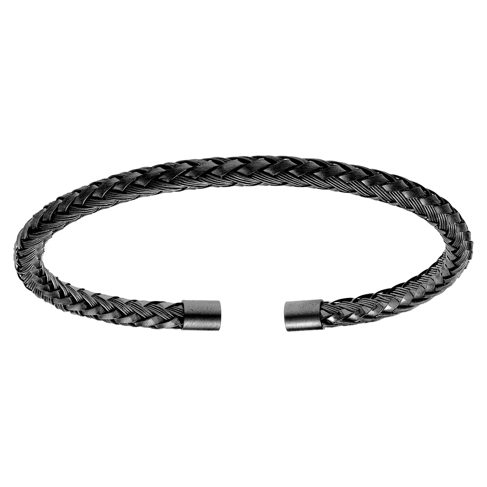 Bracelet en acier et PVD noir satiné demi jonc tresse - 4.2mm diamètre 61mmx55mm