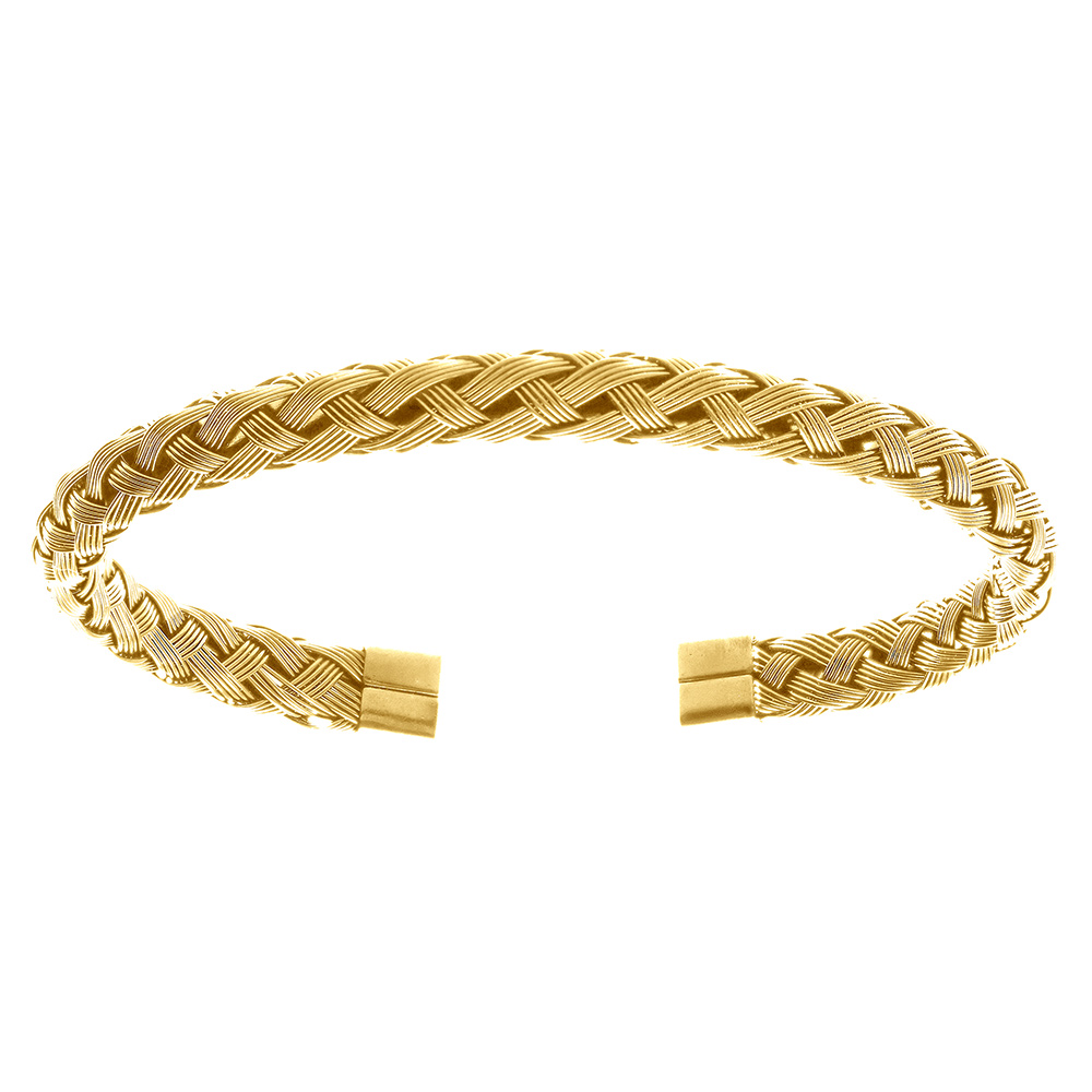 Bracelet en acier et PVD jaune demi jonc tresse plate 7mm - oval 62X55mm