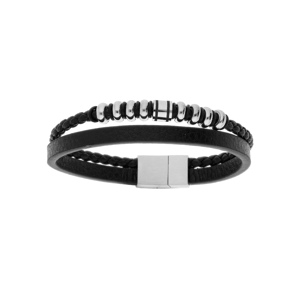 Bracelet en acier et cuir bovin 2 rangs avec tresse noire et perles acier double fermoir 20cm +1cm