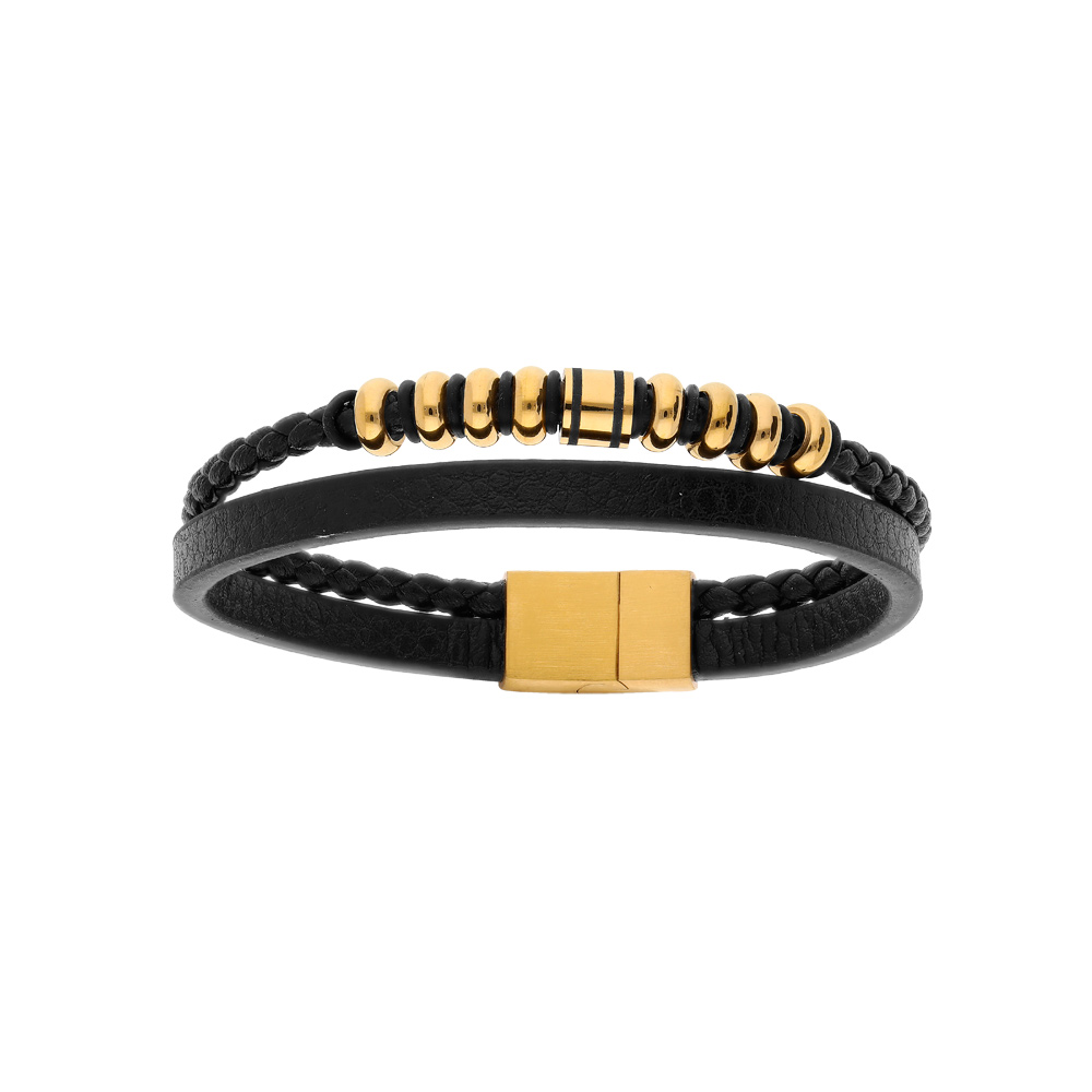 Bracelet en acier et cuir bovin 2 rangs avec tresse noire et PVD doré - double fermoir 20cm +1cm