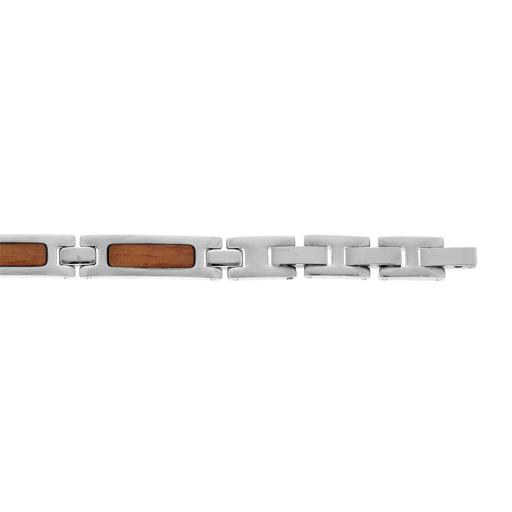 Bracelet en acier et bois maillon rectangulaire largeur 8mm triple fermoir longueur 19cm, 20cm et 21,5cm réglable