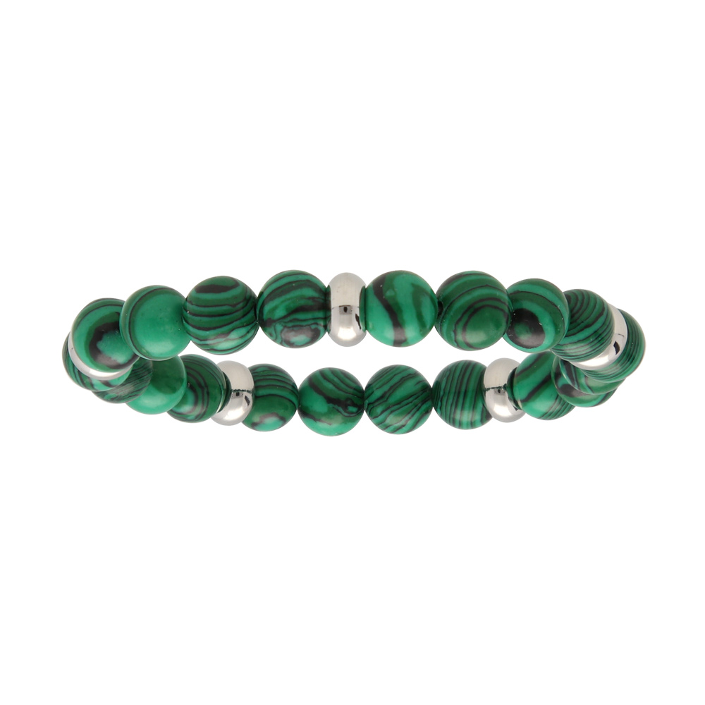 Bracelet homme extensible avec boules Malachite imitation rondelles acier 60mm
