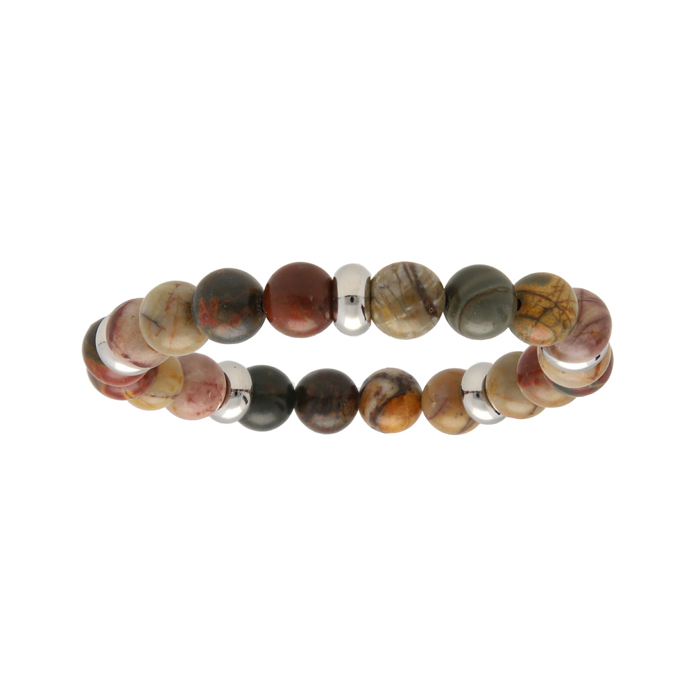 Bracelet homme extensible avec boules de Jaspe véritable et rondelles en acier 60mm