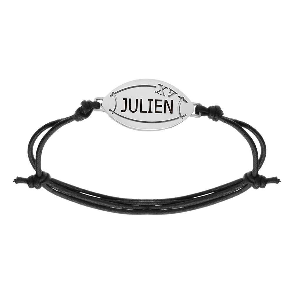 Bracelet en acier et cordon coulissant noir avec 1 ballon de rugby XV au milieu