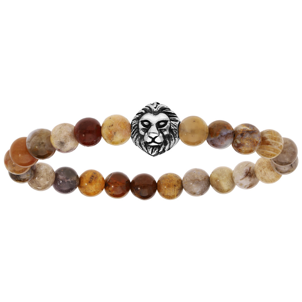 Bracelet extensible avec perles d'Agate marron nuancé et tête de lion
