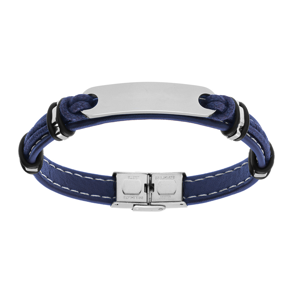 Bracelet en cuir bleu marine avec plaque allongée en acier - longueur 21cm réglable
