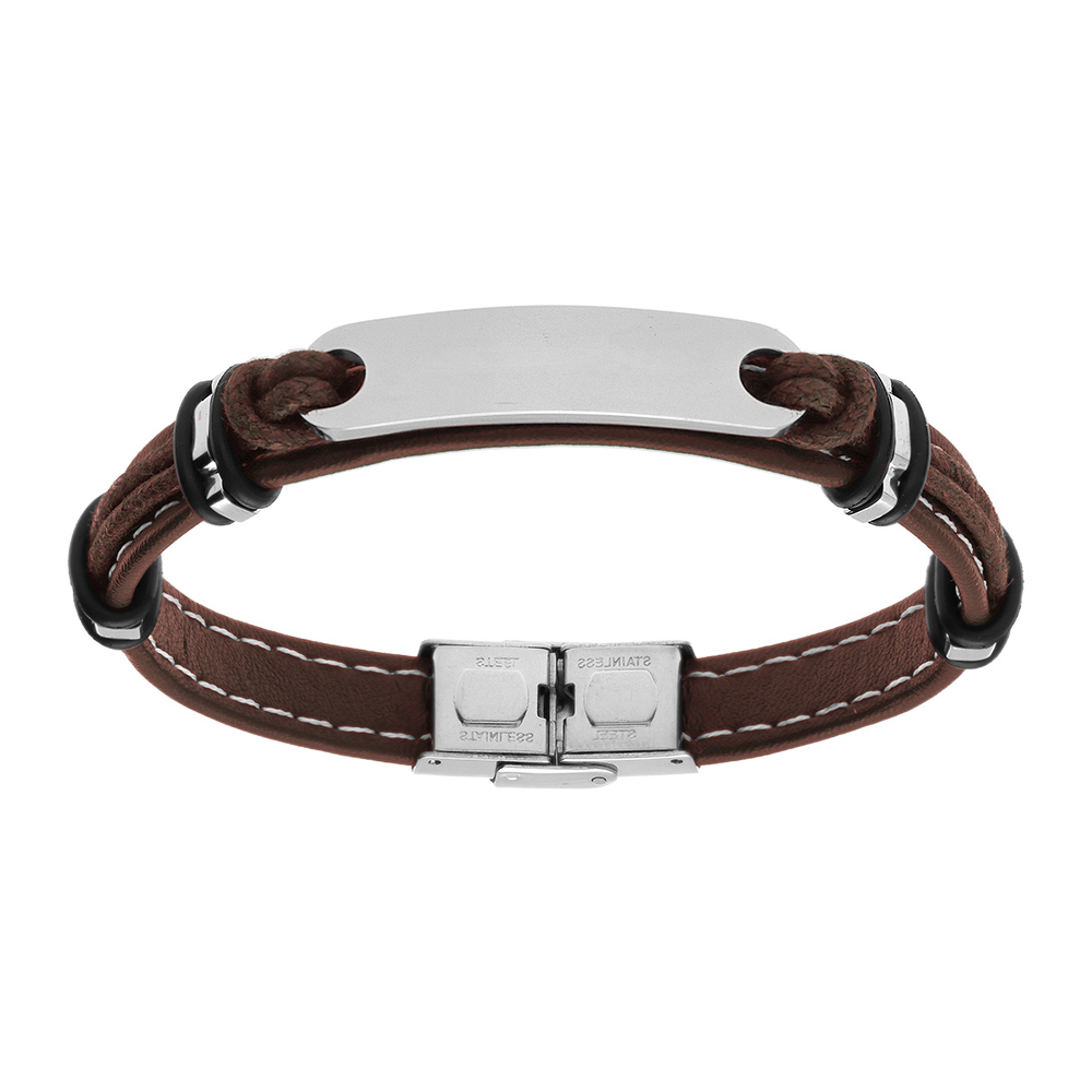 Bracelet en cuir marron avec plaque allongée en acier - longueur 21cm réglable