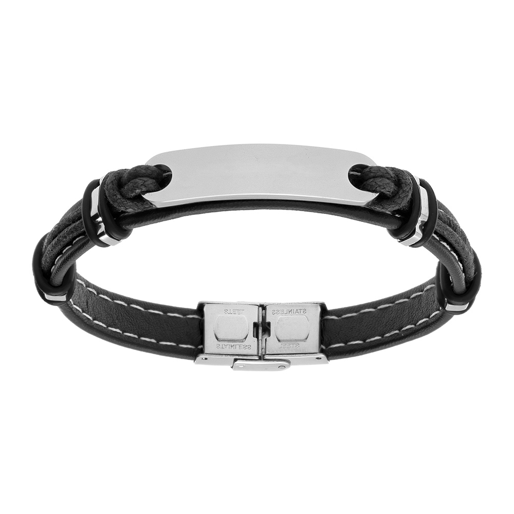 Bracelet en cuir noir avec plaque allongée en acier - longueur 21cm réglable