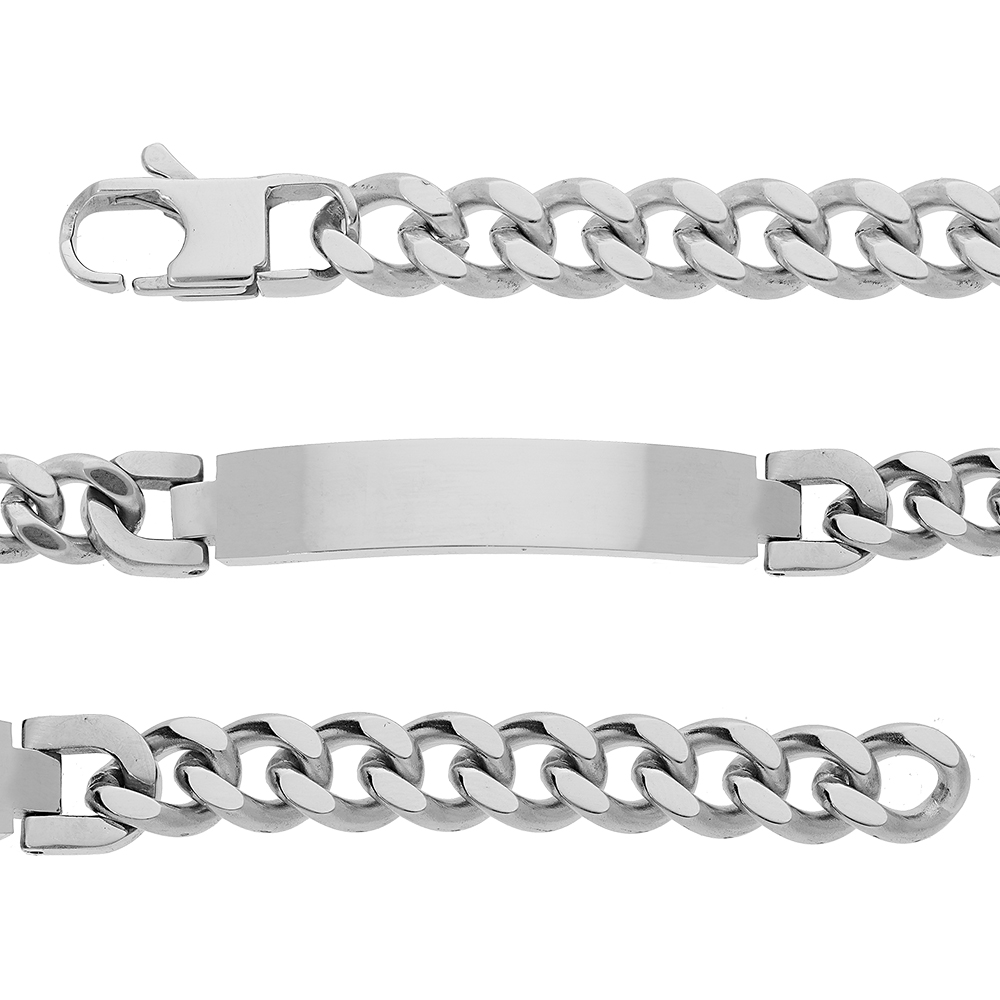 Gourmette en acier satiné plaque identité à graver 10mm maille gourmette largeur 9mm longueur 21cm Gourmette en acier satiné plaque identité à graver 10mm maille gourmette largeur 9mm longueur 21cm