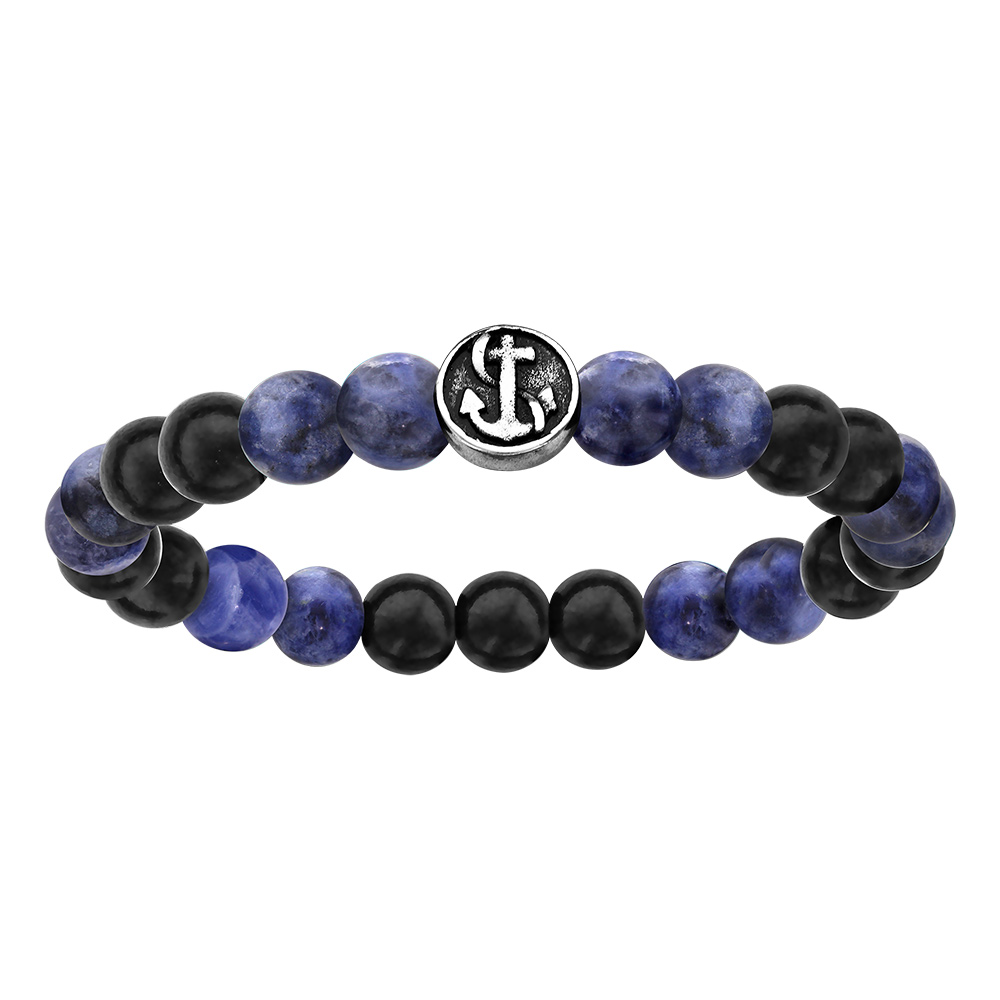 Bracelet en acier  extensible perles bois noir et quartz bleu motif ancre marine