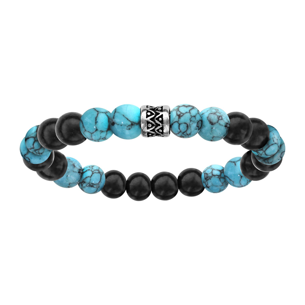 Bracelet en acier élastique perles bois noires et turquoise imitation motif patiné