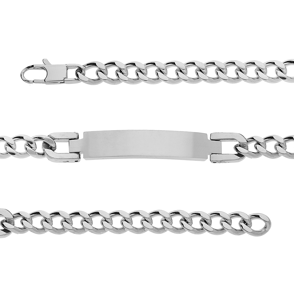 Bracelet en acier satiné plaque identité à graver 8mm maille gourmette largeur 7mm longueur 21cm
