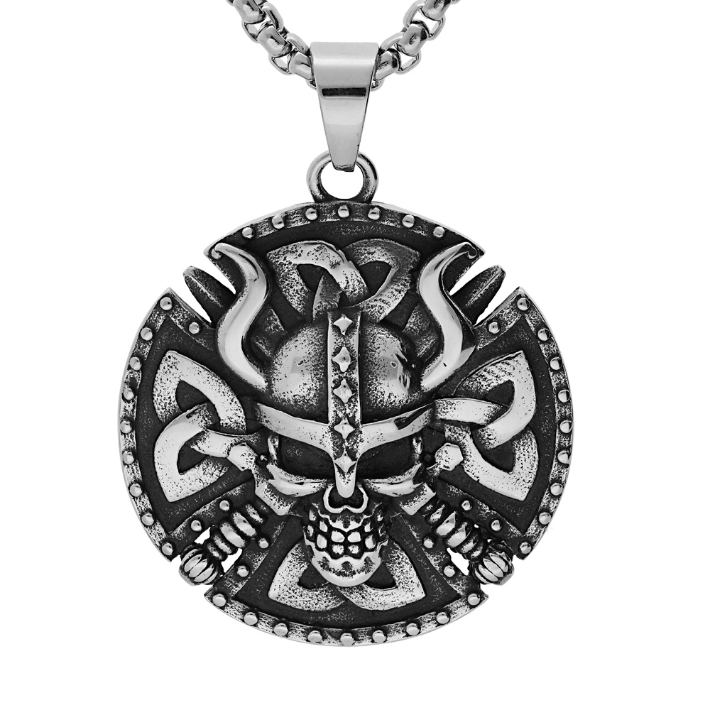 Collier en acier chaîne avec gros pendentif patiné rond Viking 45mm tête de mort 52+5cm