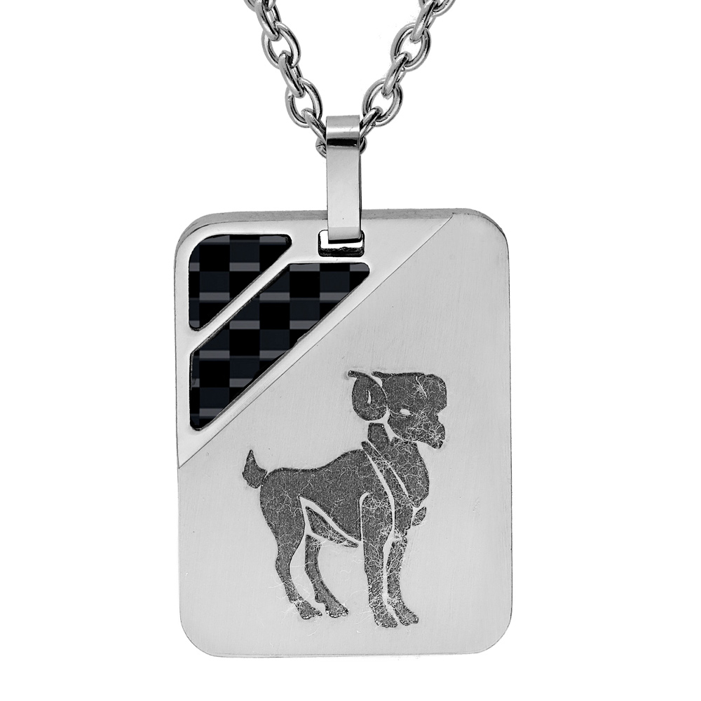 Collier en acier chaîne avec pendentif rectangulaire zodiaque Bélier 2 bandes carbone 50+5cm