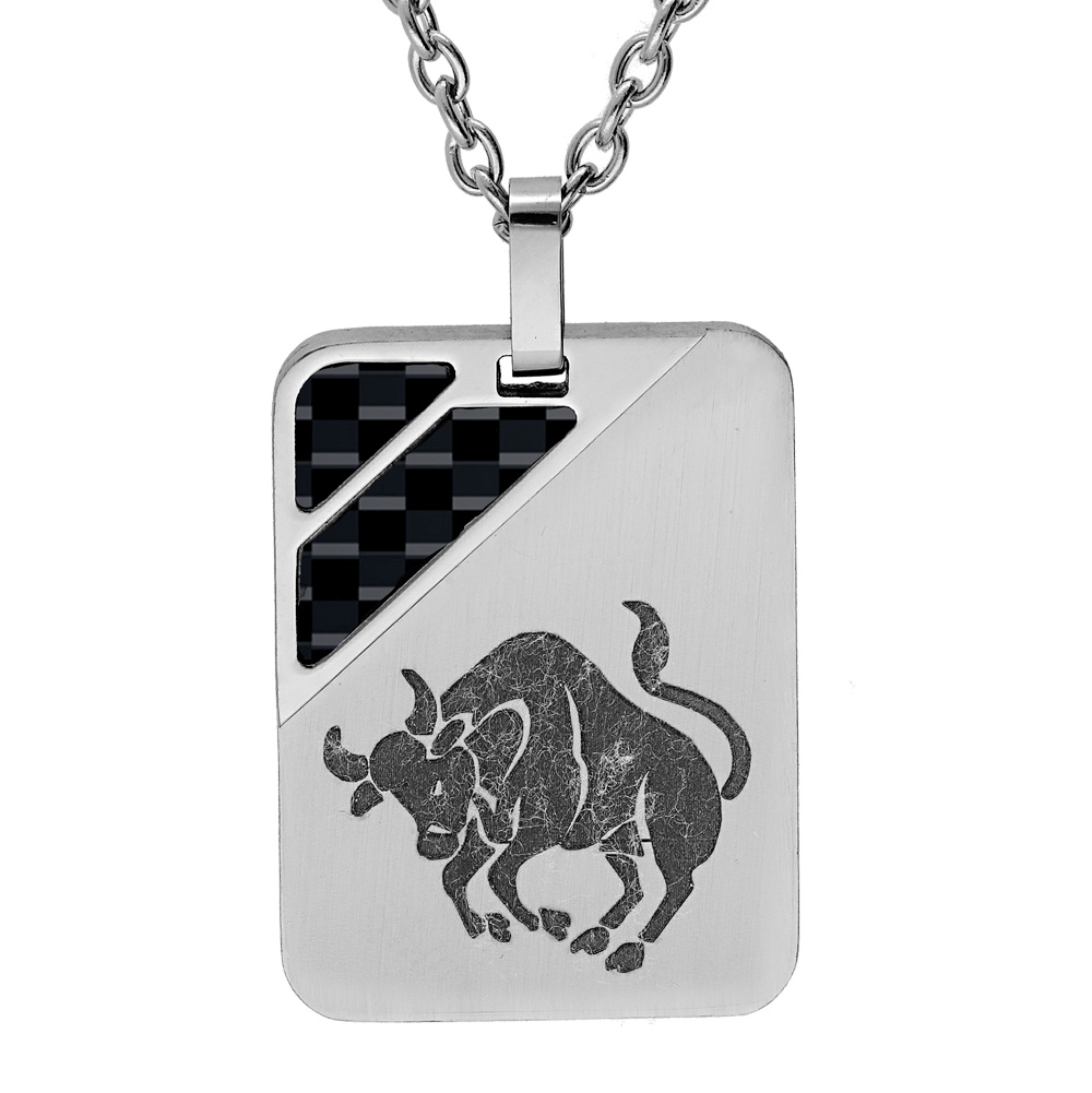 Collier en acier chaîne avec pendentif rectangulaire zodiaque Taureau 2 bandes carbone 50+5cm