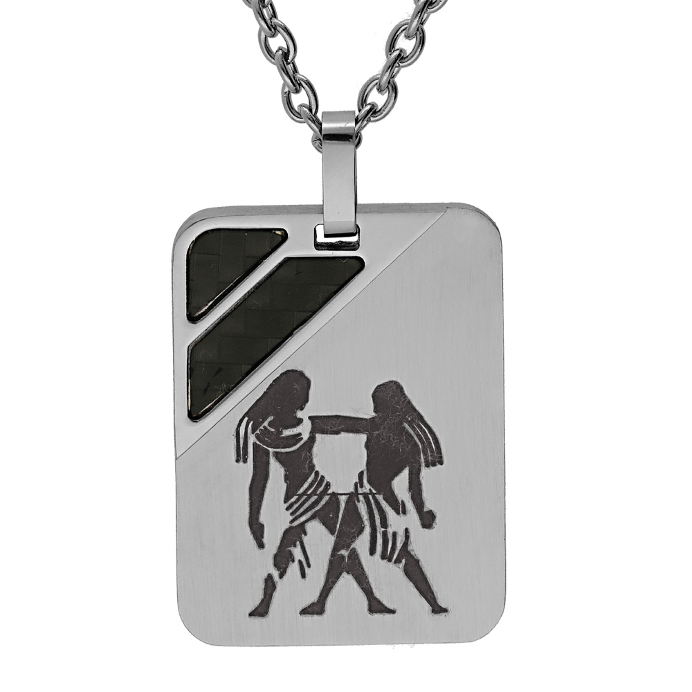 Collier en acier chaîne avec pendentif rectangulaire zodiaque Gémeaux 50+5cm
