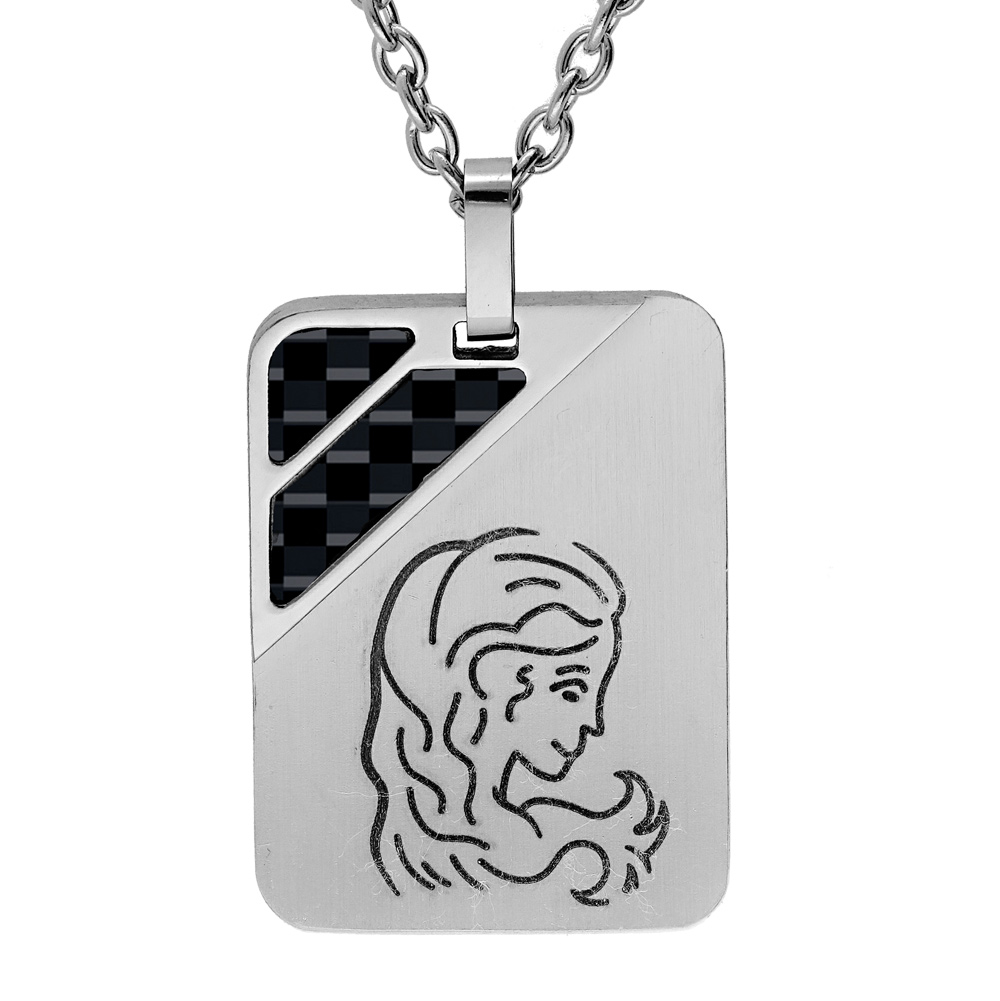 Collier en acier chaîne avec pendentif rectangulaire zodiaque Vierge 2 bandes carbone 50+5cm