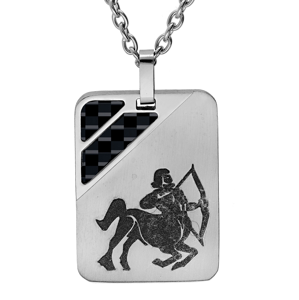 Collier en acier chaîne avec pendentif rectangulaire zodiaque Sagittaire 2 bandes carbone 50+5cm