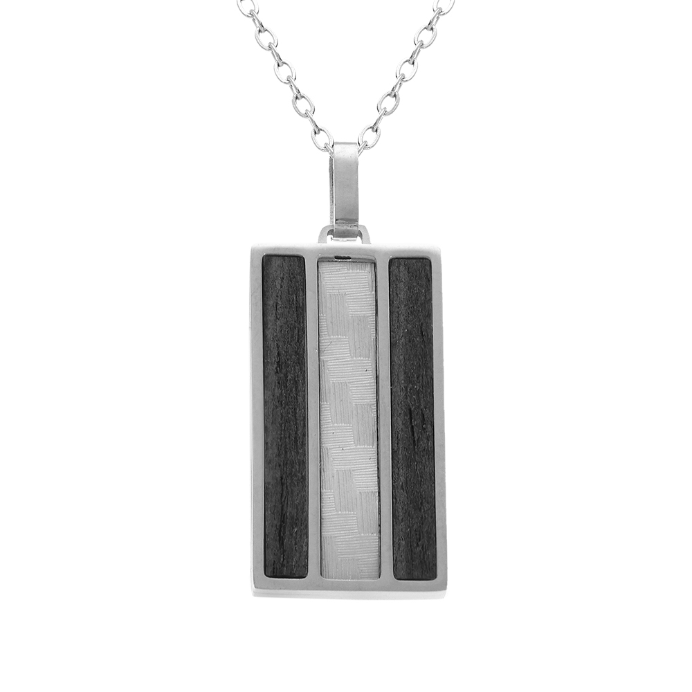 Collier en acier chaîne avec pendentif rectangulaire motif croisillons et PVD noir 50+5cm