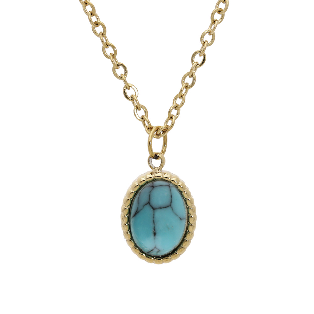 Collier en acier et PVD jaune chaîne avec pendentif cabochon turquoise de synthèse 40+5cm