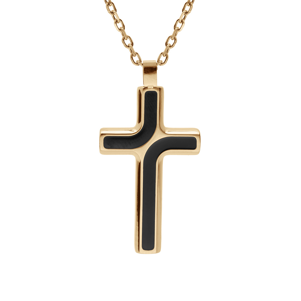 Collier en acier et PVD jaune chaîne maille forçat avec pendentif croix 35 x 25mm motifs noirs longueur 55+5cm