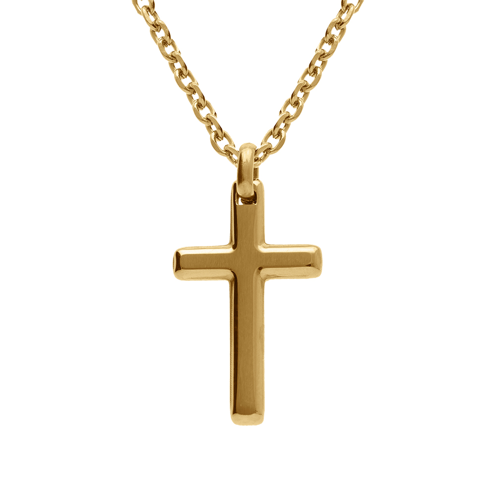 Collier en acier et PVD doré chaîne maille forçat avec pendentif croix 33 x 17mm - longueur 55+5cm