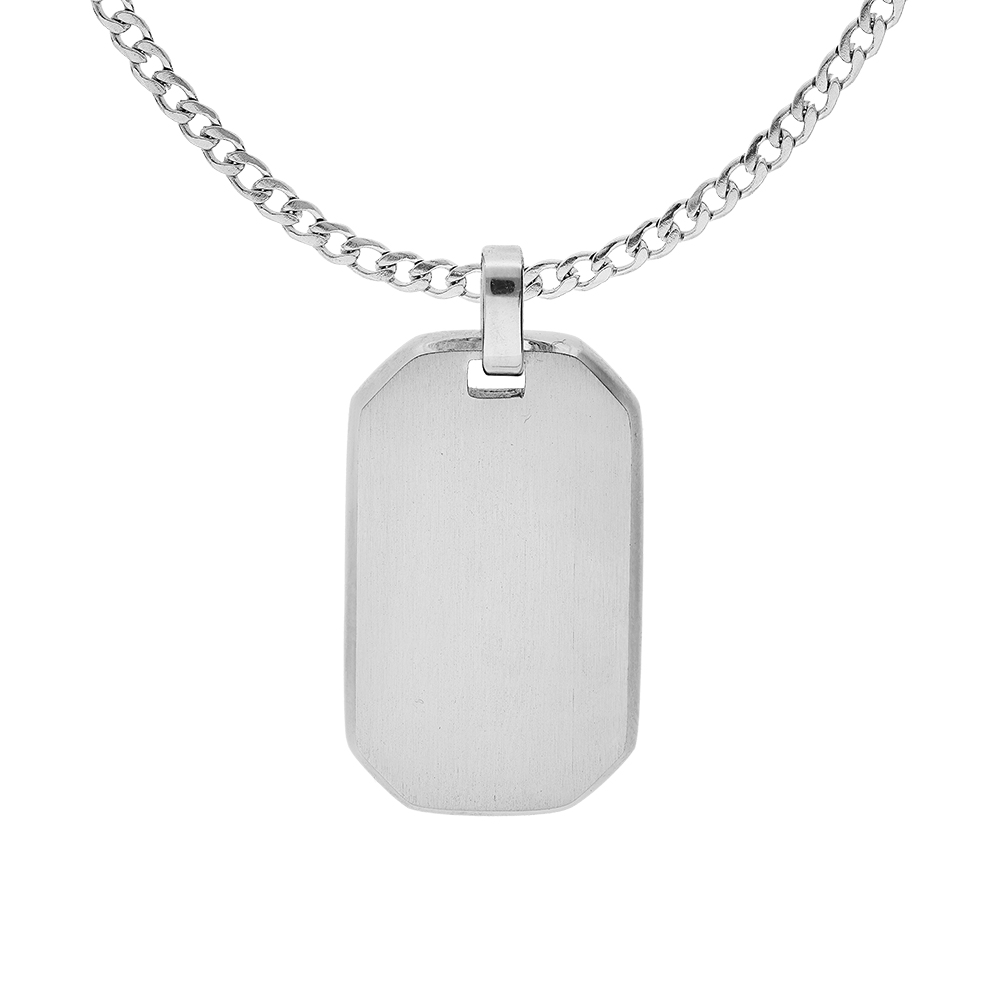 Collier en acier chaîne maille gourmette avec pendentif rectangulaire tranches arrondies 30 x 15mm longueur 55+5cm