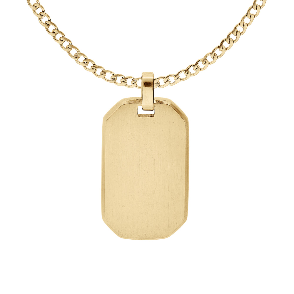 Collier en acier et PVD jaune chaîne maille gourmette avec pendentif rectangulaire tranches arrondies 30 x 15mm longueur 55+5cm