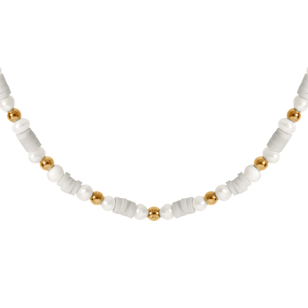 Collier en acier et PVD doré rondelles blanches et perles de culture d'eau douce blanches véritable 37+5cm