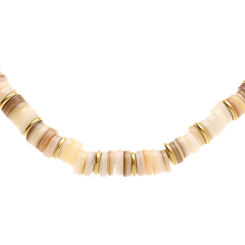 Collier en acier et PVD doré rondelles coquillage nacré 35+9cm