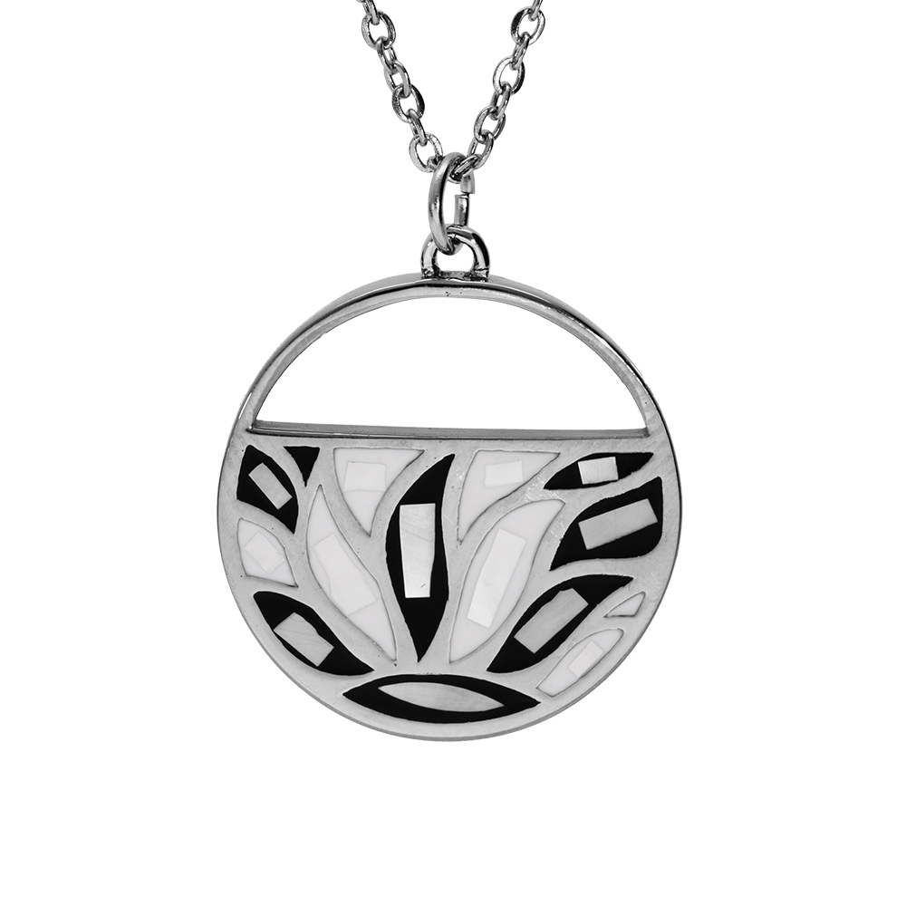 Collier Stella Mia en acier chaîne avec pendentif rond motifs nacre blanche et noirs longueur 45+5cm