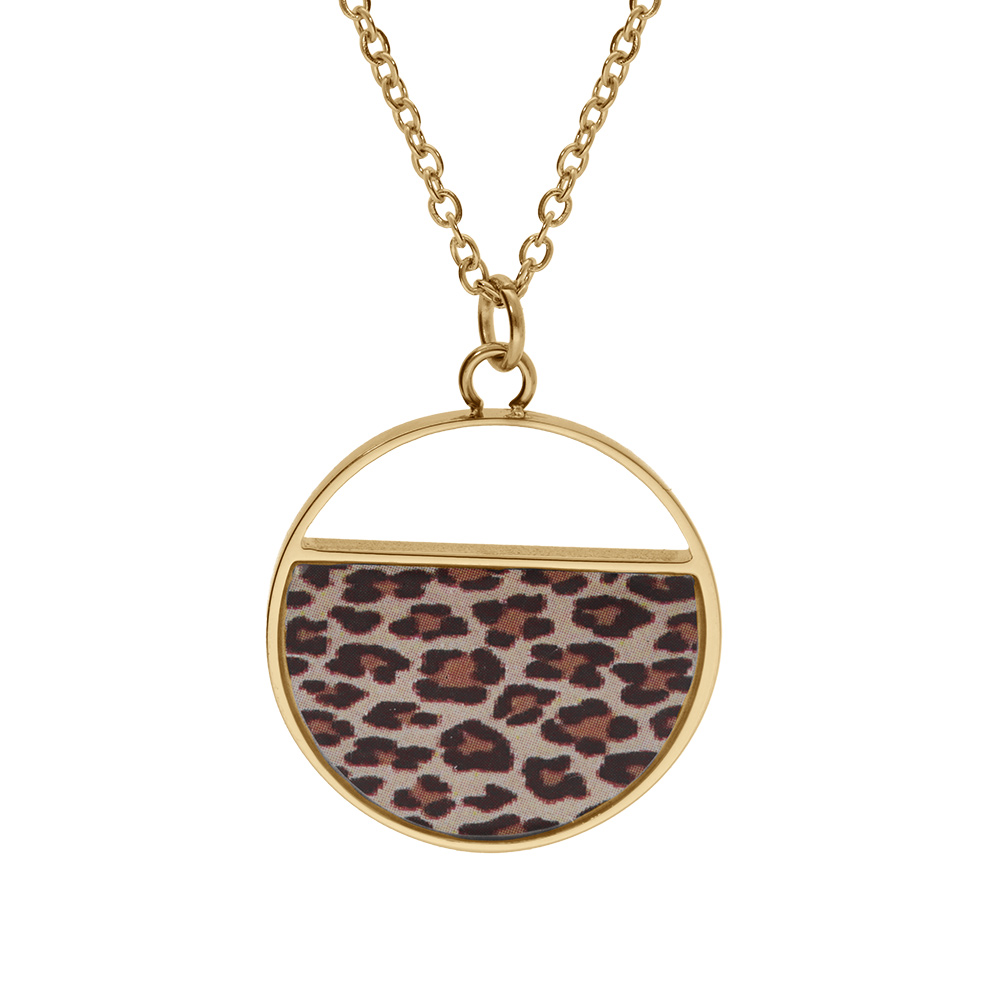 Collier Stella Mia en acier doré  pendentif rond avec résine léopard 45+5cm