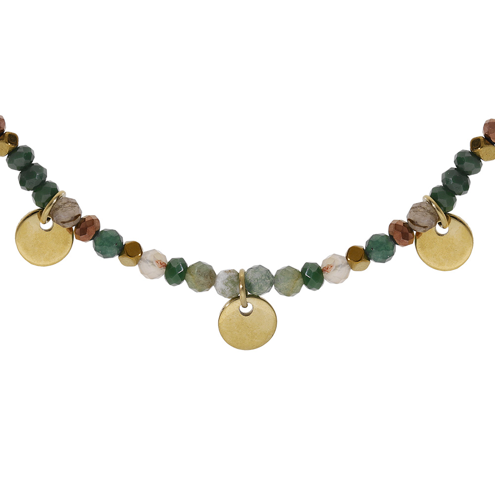 Collier en acier et PVD doré verre et agate verte véritable avec pampilles pastilles 38+7cm