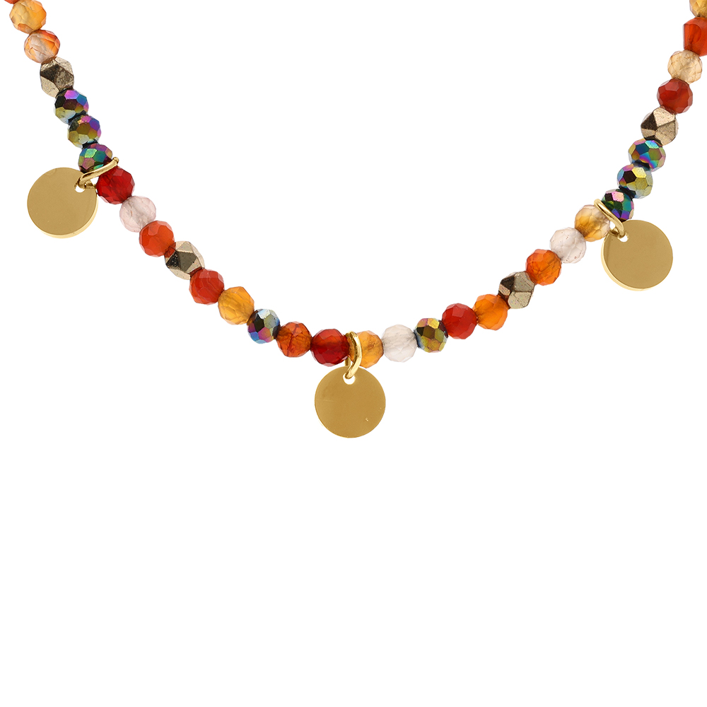 Collier en acier et PVD doré verre et pierre rouge véritable avec pampilles pastilles 38+7cm