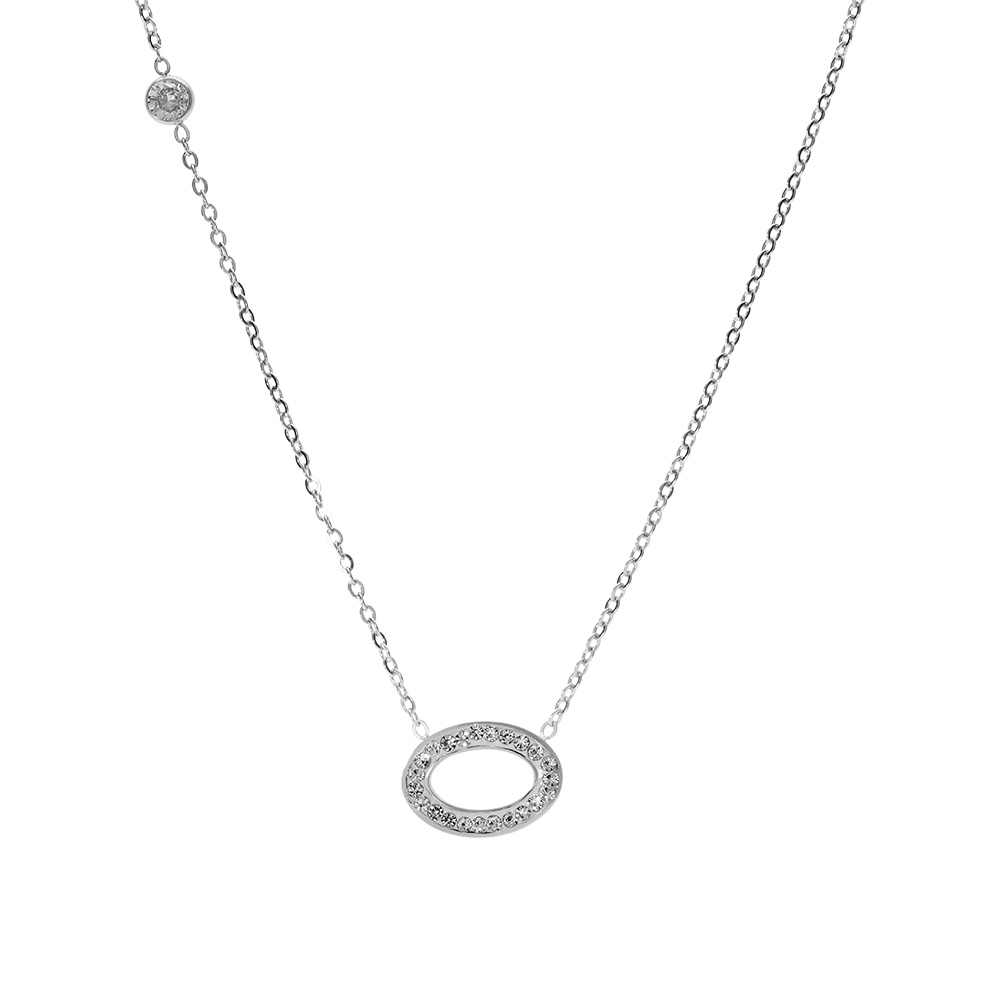 Collier en acier ovale contour résine et strass et un oxyde blanc 42+5cm