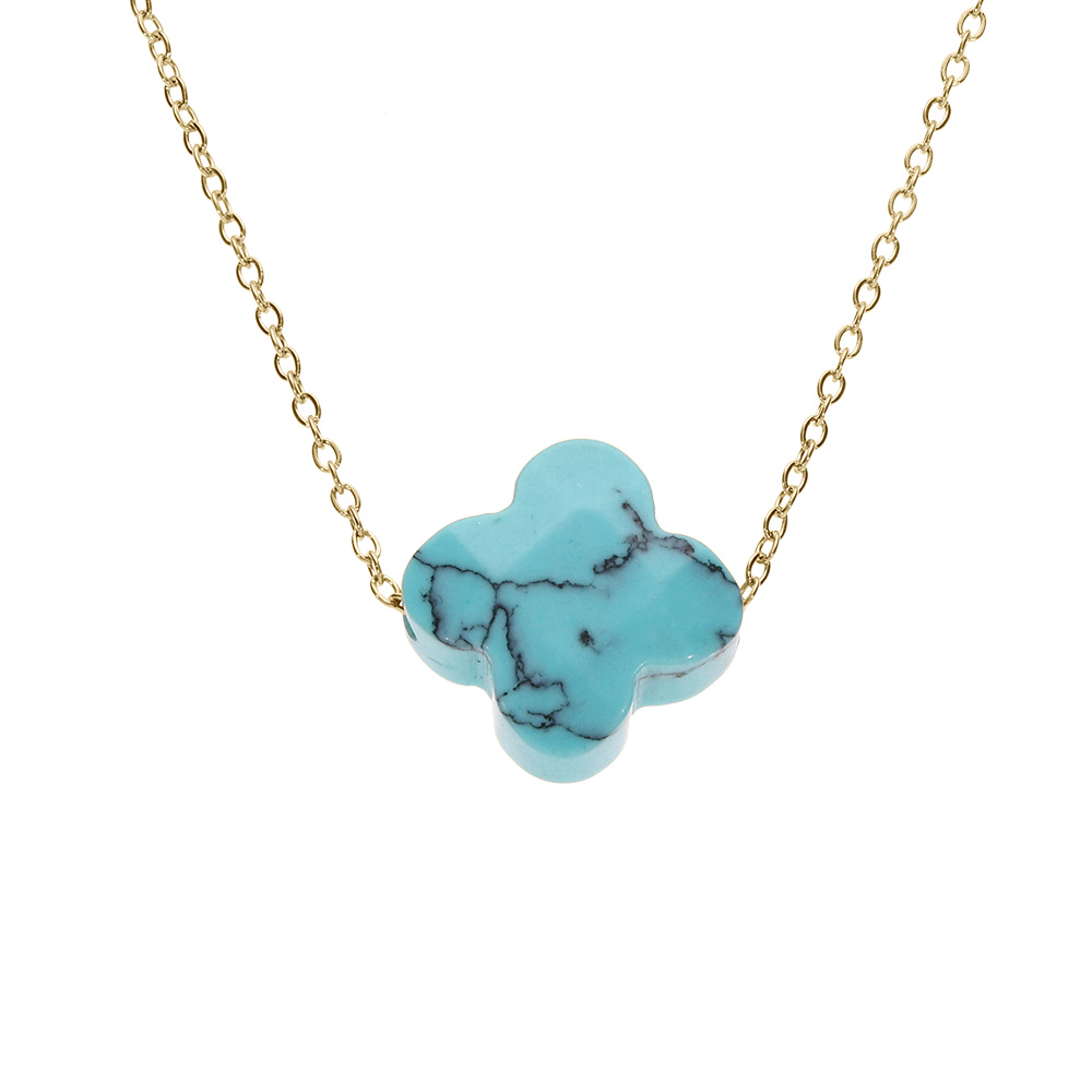 Collier en acier PVD doré motif pierre imitation faceté turquoise 40+5cm