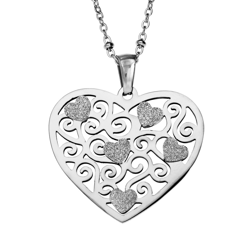 Collier en acier chaîne avec Pendentif coeur ajouré 42+4cm