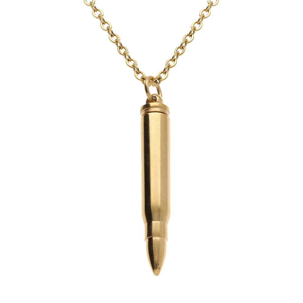 Collier en acier et PVD jaune avec pendentif balle de fusil (7 x 43mm),  55+5cm - porte poudre