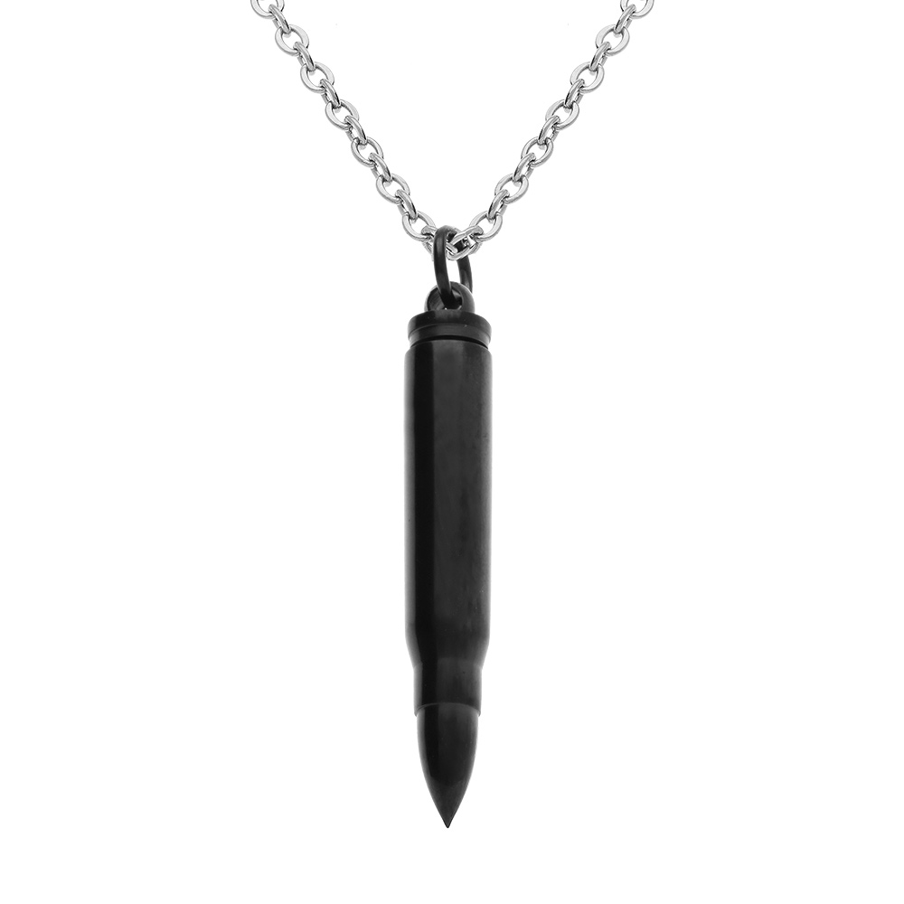 Collier en acier et PVD noir avec pendentif balle de fusil (7 x 43mm),  55+5cm - porte poudre