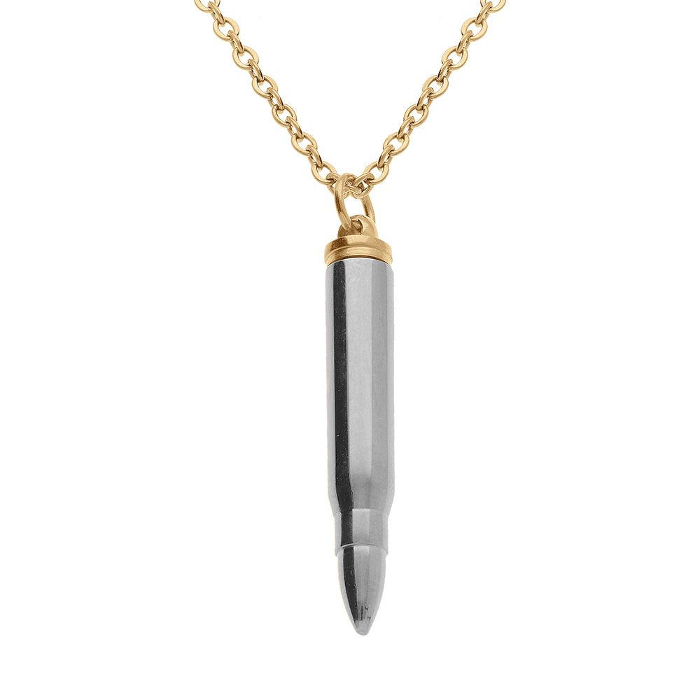 Collier en acier chaîne dorée avect pendentif acier balle de fusil porte poudre de 7 x 43mm, longueur totale 55+5cm